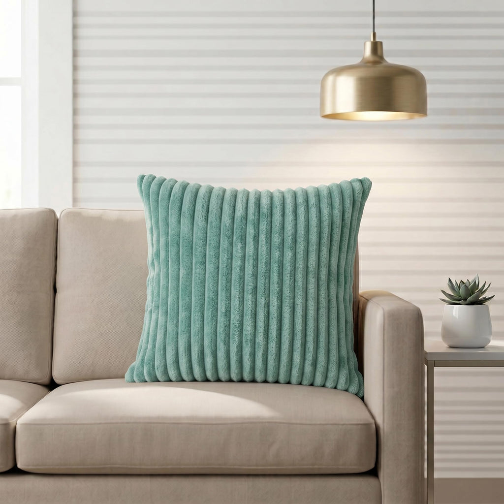 Yellow Weaves Pencil-Stripe Fur Cushion Covers | Soft Polyester | Decorative Sofa & Throw Pillow Covers | 16x16 Inches, Pack of 1 (Sea Green)