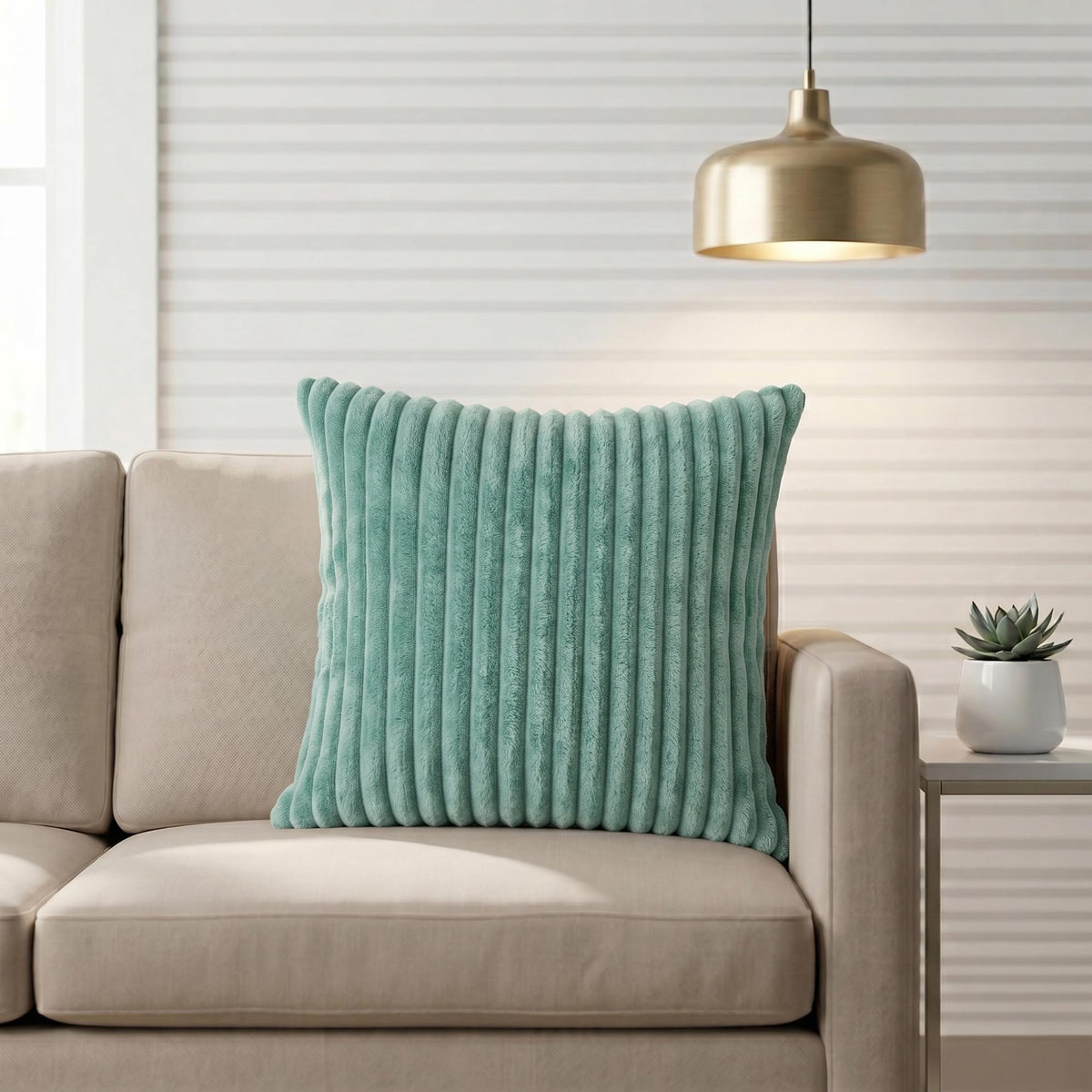 Yellow Weaves Pencil-Stripe Fur Cushion Covers | Soft Polyester | Decorative Sofa & Throw Pillow Covers | 16x16 Inches, Pack of 1 (Sea Green)