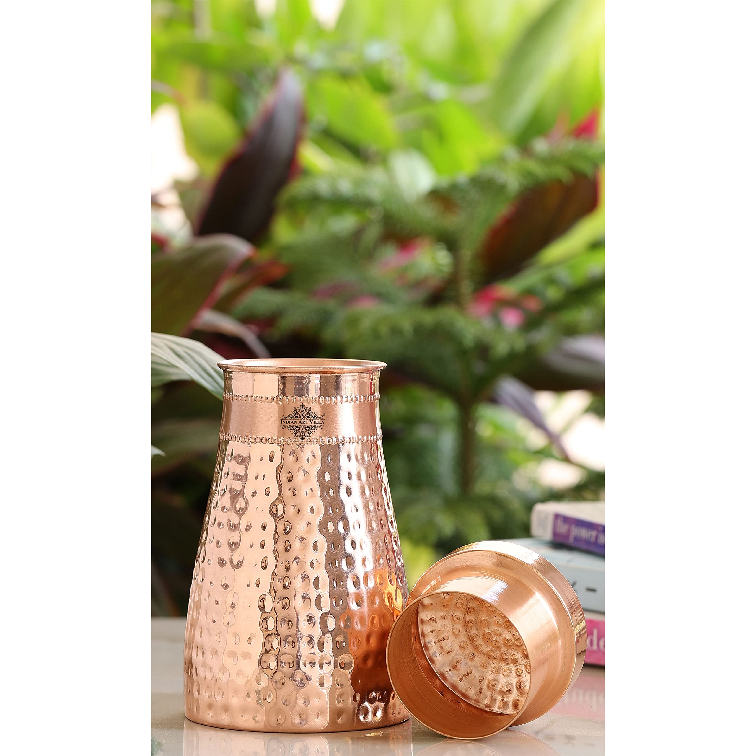 INDIAN ART VILLA Copper Hammered Shine Design Bedroom Water Bottle with Lid, Volume - 600 ML, Pack of 1