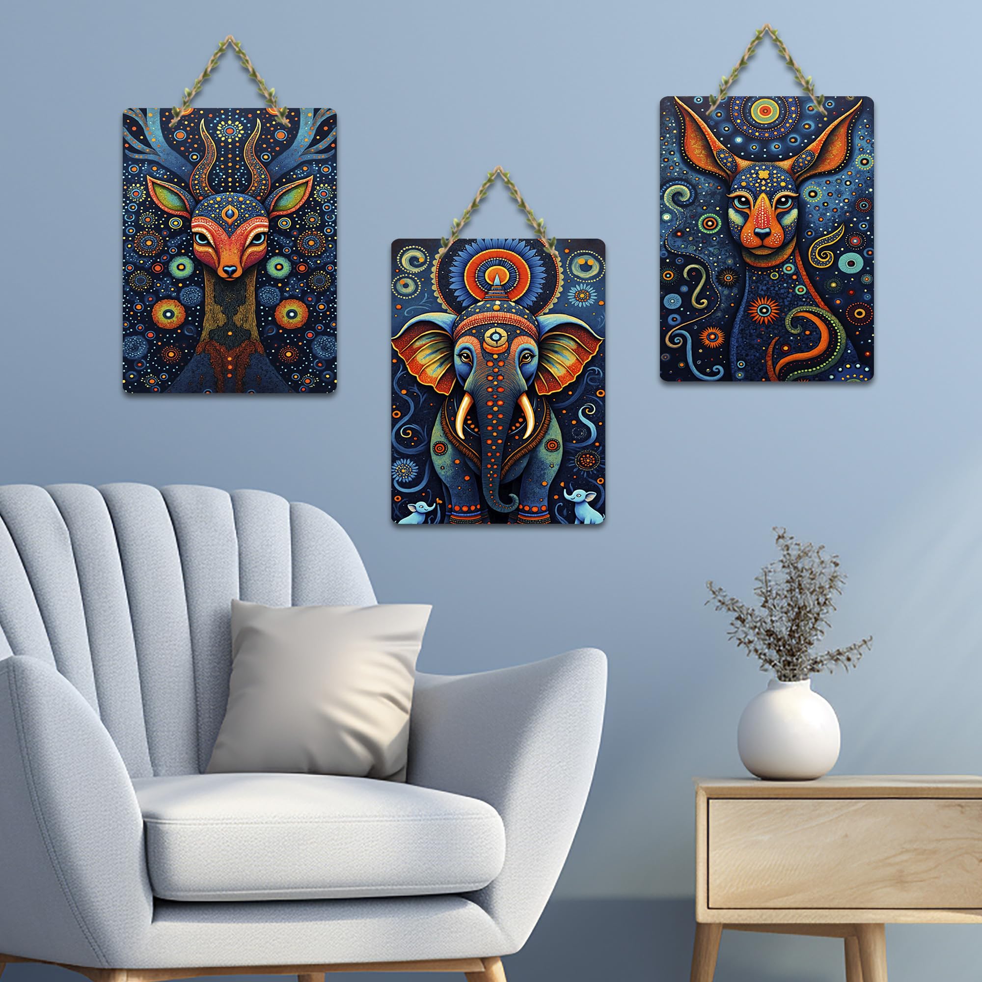 Artvibes Psychedelic Elephant Deer & Dog Cosmic Wildlife Art Decorative Wall Hanging Ornaments | Wall Accent | Sceneries | Aesthetic Wooden Decor | Graphic Artwork | Unique Gift (WH_9646N), Set of 3