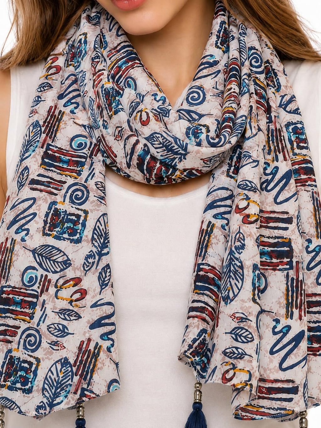 Women's Printed cotton Scarf with Tassels, Lightweight Boho Stole, 180x50 cm, All Seasons (multi)