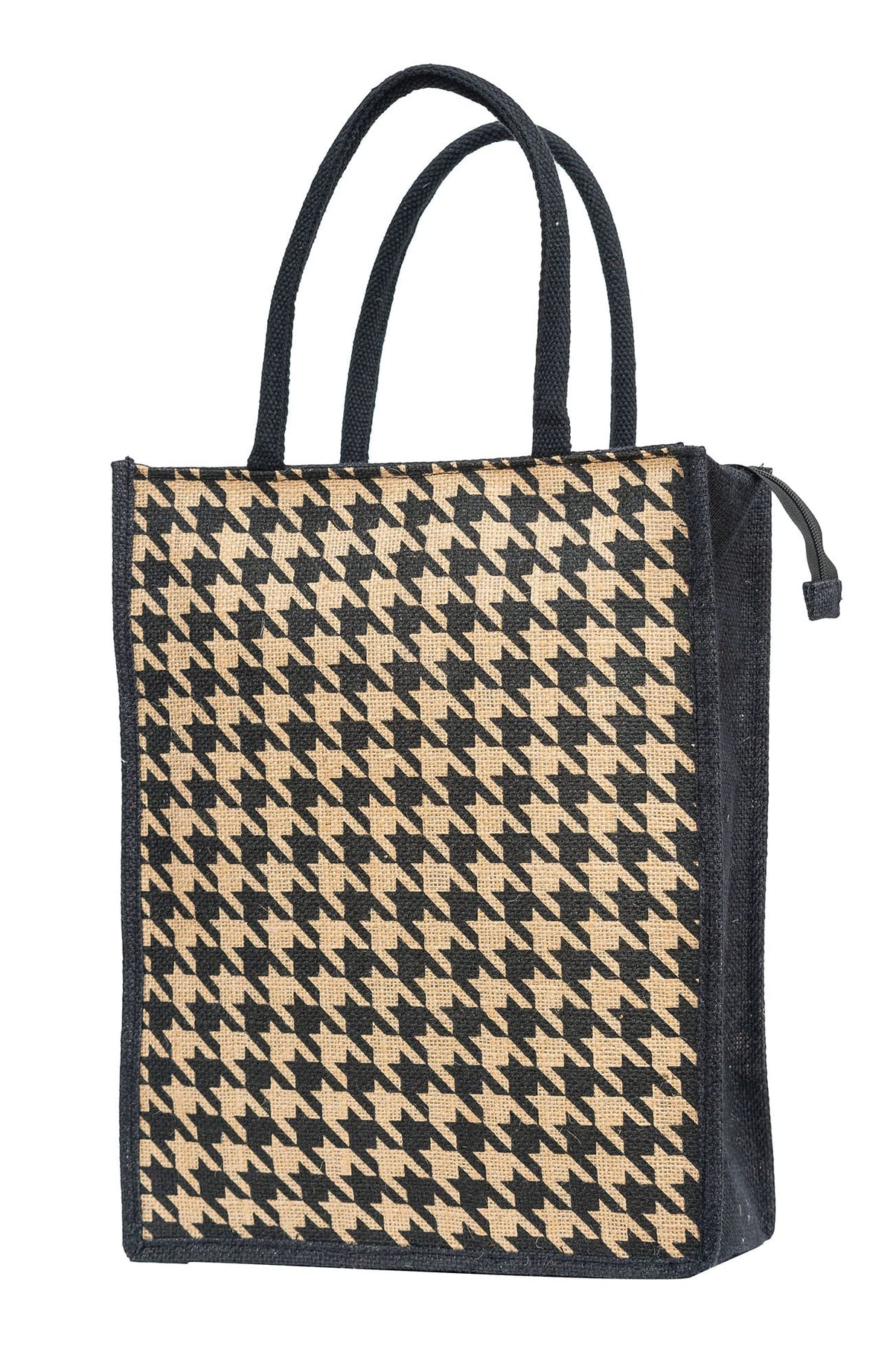 JUTEKA Natural Brown Houndstooth Printed Jute Bag Lunch Bag, Grocery Bag, Tote Bag, Hand Bag, Picnic Bag - Bag for Men, Bag for Women, Girls Bag, Lunch Hand Bag for Kids with Zip