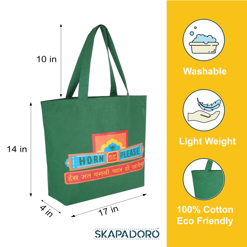 SKAPADORO Canvas Big Zip Printed Handbag Tote,100% Cotton, Inner pocket, Ecofriendly Bag for Women, Travel College Beach Shopping, Easy to Wash Everyday Shoulder Bag (Horn Ok Please)