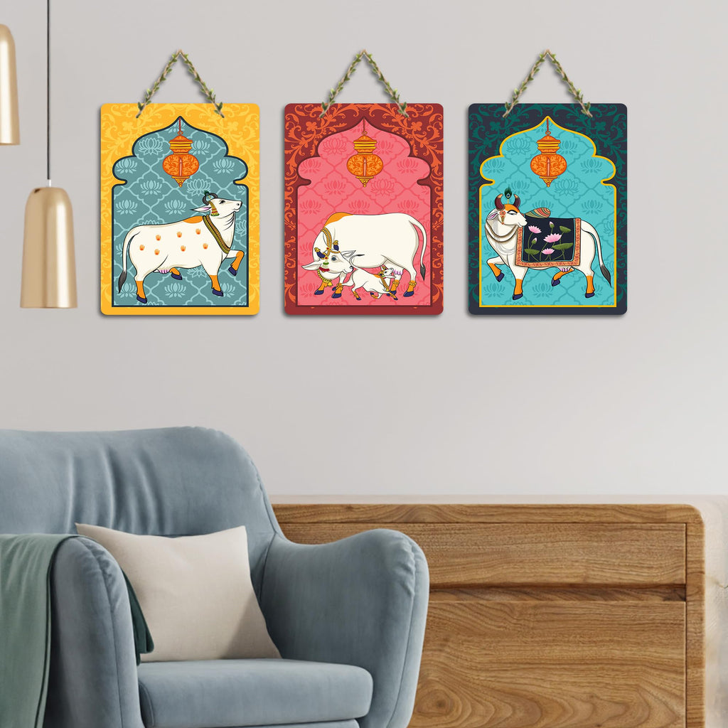Artvibes Sacred Cows Pichwai Art Decorative Wall Hanging Ornaments | Living Room | Office | Wall Art Painting For Hall | Graphic Artwork | Wall Art Print | Unique Gift Items (WH_96176N), Set of 3