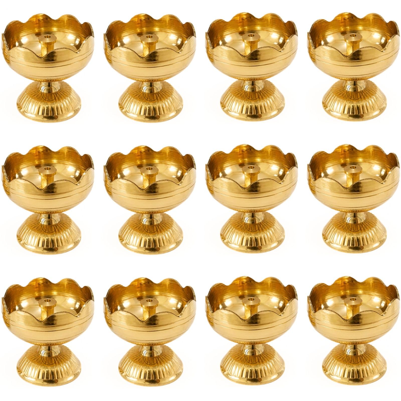 Brass Diya Pure Brass Traditional Oil Puja Lamp for Temple, Mandir, Festival Decoration, Home Decor & Diwali Gift (Flower Bloom, Set of 12)