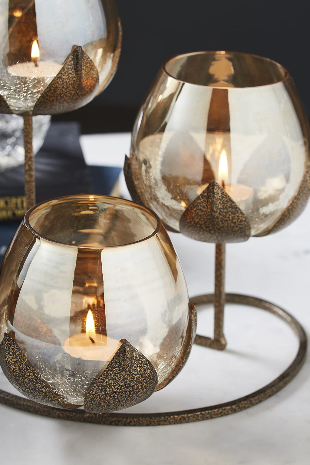 Tuxédo 3pc Gold Glass Candle Holders - 3- Candlesticks Holders Gold Glass Candle for Home Decoration Dinning Table Decoration Candle Wedding Holiday Décor