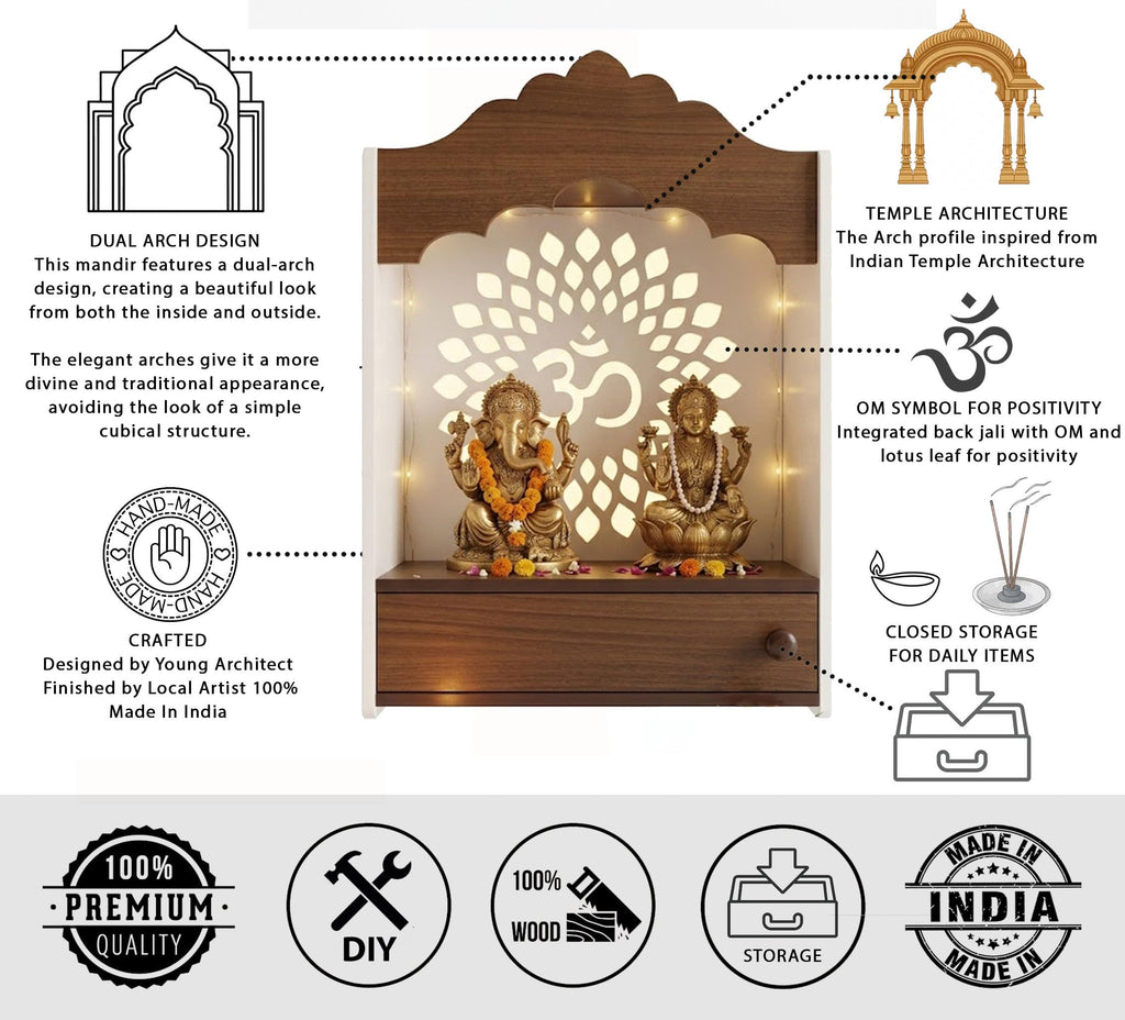 Crosscut Wooden wall Hanging mandir, Temple for Home and Office Pooja (Dual Arch Design)