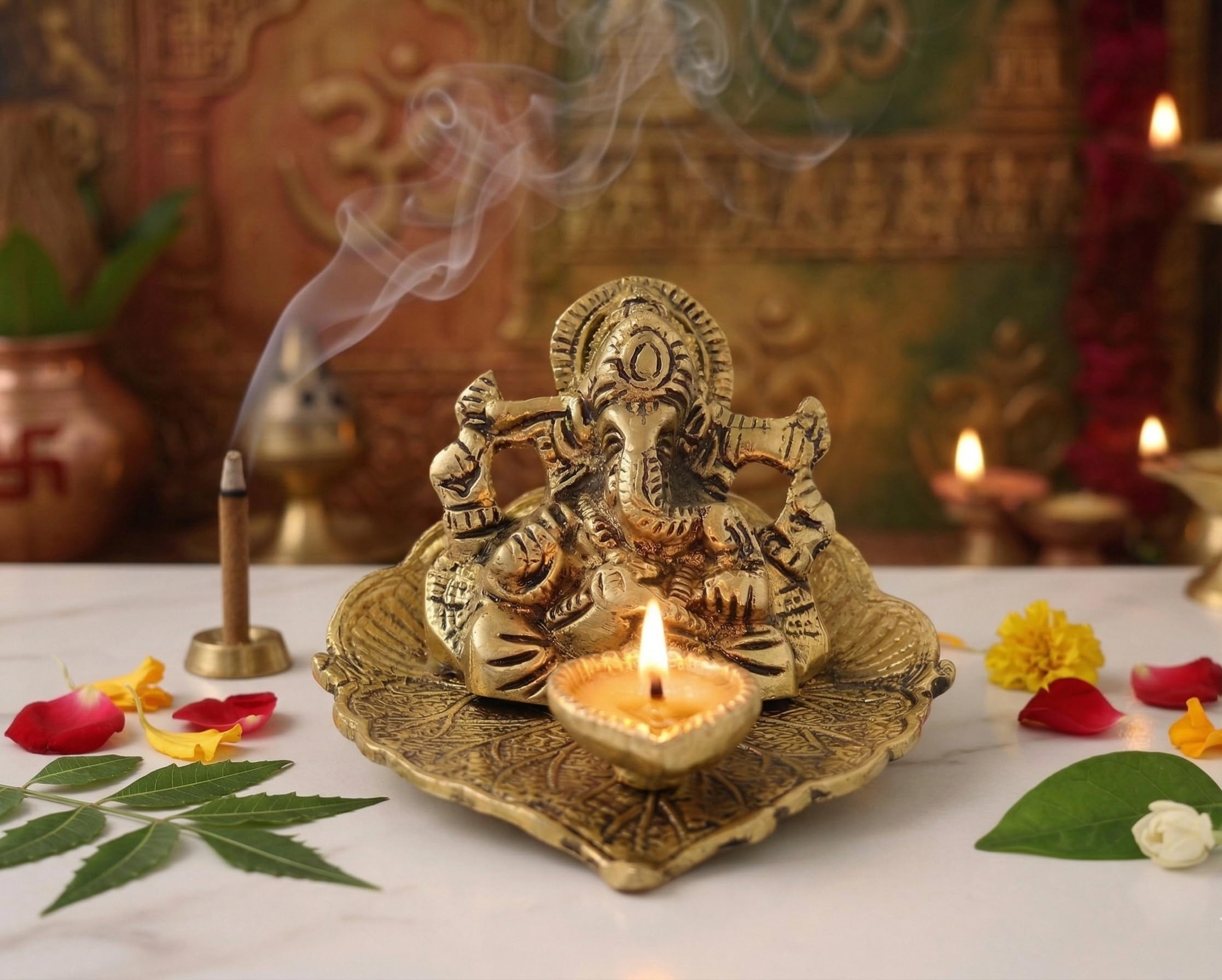 KridayKraft Metal Lord Ganesha On Leaf With Diya Idol For Pooja Room Showpiece For Room,Office & Table,Car And Gift For Have Anniversaries, Birthday, Gold