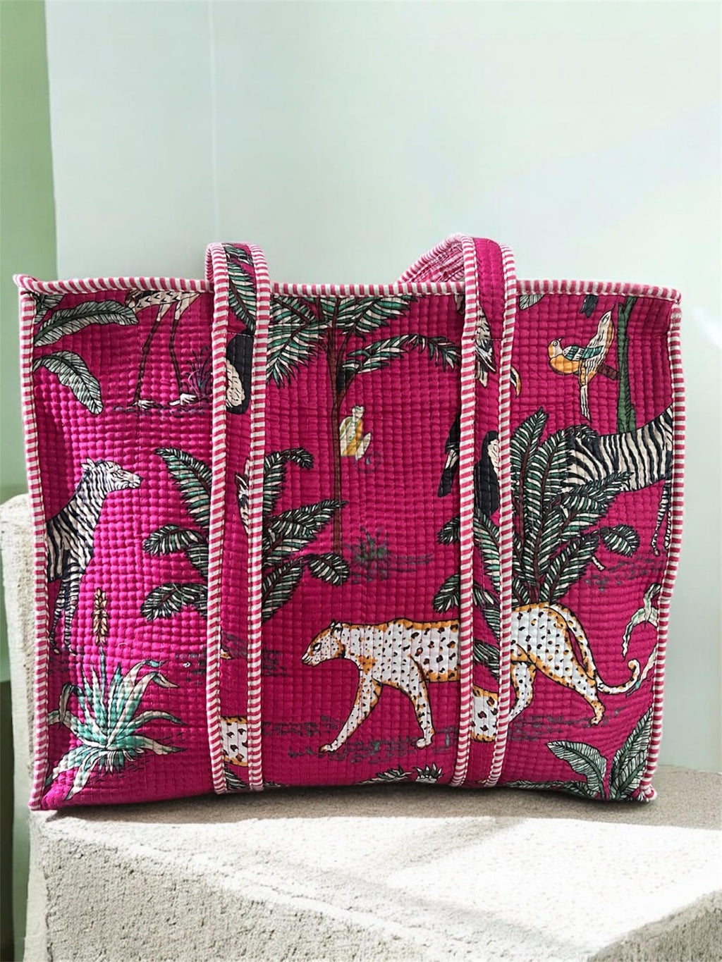 Handcrafted Quilted Cotton Tote Bag for Women, Printed Shoulder Bag with Jungle Animal Pattern, Lightweight Reusable Shopping & Daily Carry Tote, Large Size 18 x 18 x 5 Inches (Red)