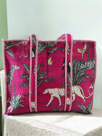 Handcrafted Quilted Cotton Tote Bag for Women, Printed Shoulder Bag with Jungle Animal Pattern, Lightweight Reusable Shopping & Daily Carry Tote, Large Size 18 x 18 x 5 Inches (Red)