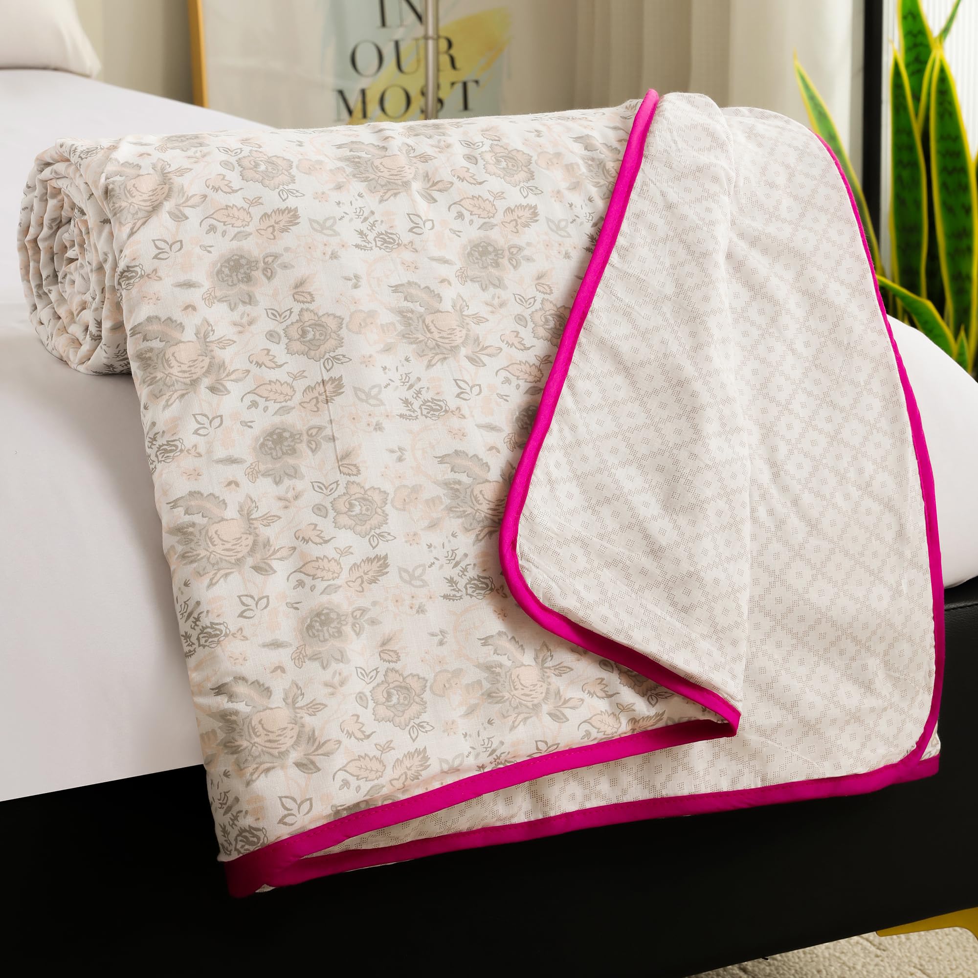 Story@Home Dohar Single Bed 100% Cotton AC Blanket for Summer | 144x 220CM, 150GSM Ac Comforter and AC Blanket for Summer | Baby Pink & White | Floral Pattern Quilt Duvet | All-Season Blanket Kafalo