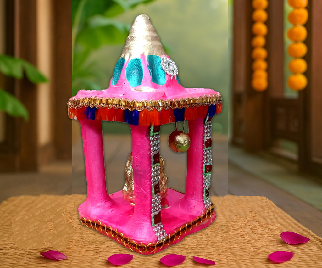 Cyan Collection Terracotta Clay Mitti Decorative Hatri Lakshmi Ganesh Square Shape Diwali Temple Mandir for Diwali Puja/Pooja, Home Decoration - Size H18 CM x W9 CM x L9 CM (Pack of 1) (19 CM)
