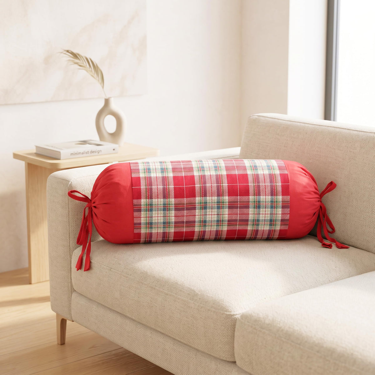 SAJAVAT HOME Red Check Bolster Pillow Cover Set of 2 | 32x15 Inch Side Cushion Covers with Adjustable Ties for Sofa, Couch, Bed & Diwan