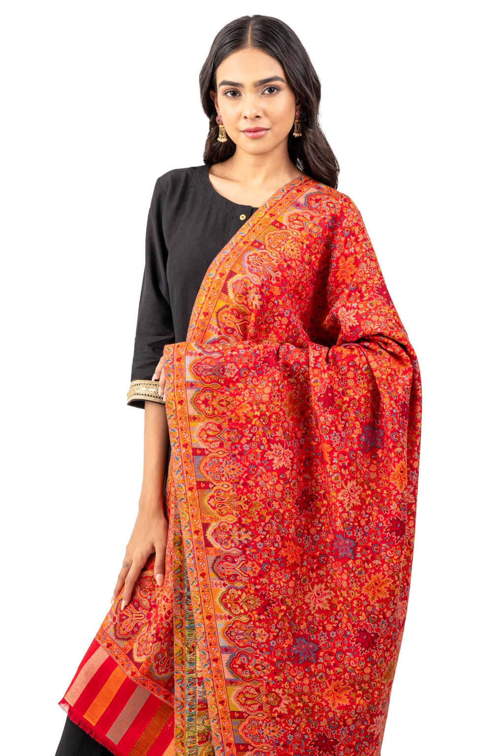 Naureen Women Pashmina Blend Kani Shawl with Floral Artwork, Warm and Soft, 40x80 inch