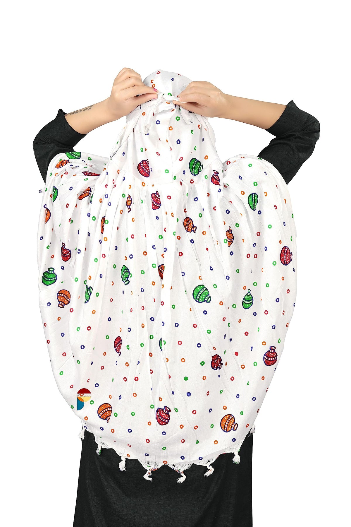 PRACHARAN Female Cotton Innovative Stylish Matka Printed Pattern Fancy Scarf With Sun Protection Cover Face Cotton Driving Scarf for Women's and Girls, White