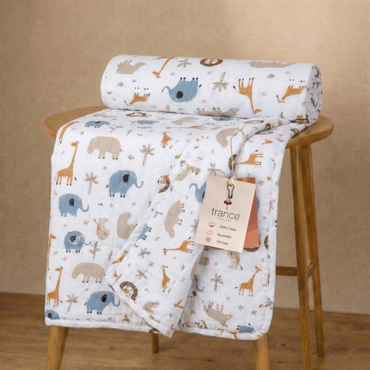 Trance Home Linen 100% Cotton | Kids Dohar | Single Bed | 150 GSM | Reversible Ac Comforter | Light Weight All Season Soft Blanket (58x90 Inches | Orange Giraffe) Kafalo