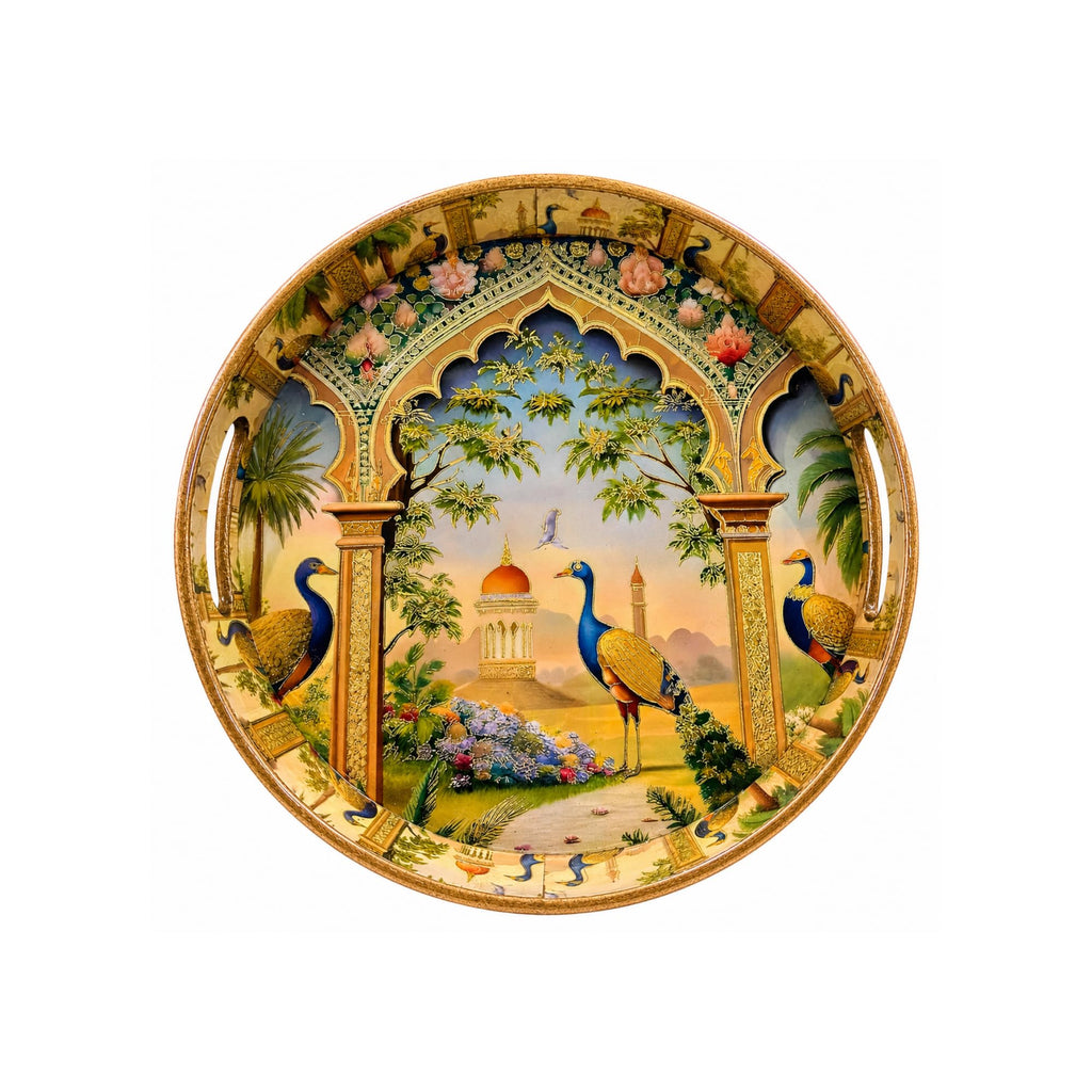 Pavitra Uphaar Royal Peacock Decorative Serving Tray, Solid Wood, Round, Glossy Finish, Handcrafted, Traditional Indian Style
