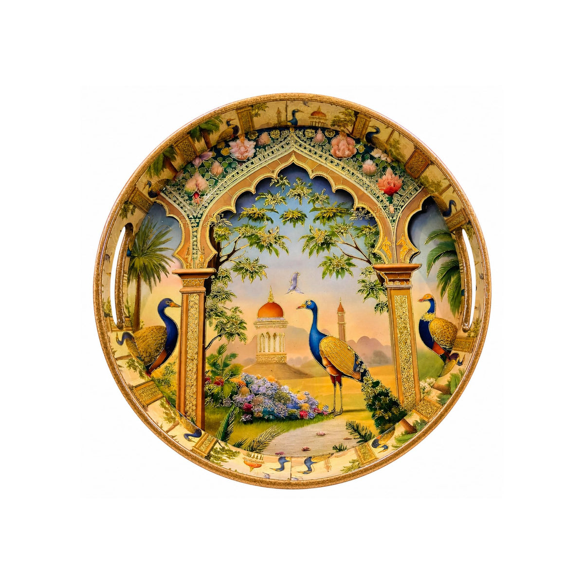 Pavitra Uphaar Royal Peacock Decorative Serving Tray, Solid Wood, Round, Glossy Finish, Handcrafted, Traditional Indian Style