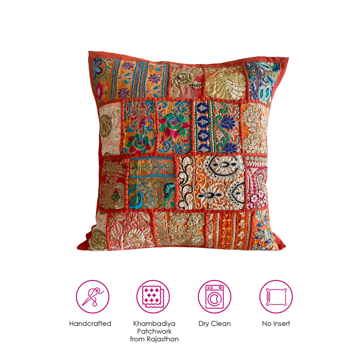 ATRANGI STUDIO Patchwork Cushion Covers - Set of 2 | Handcrafted Khambadiya Patchwork | Rajasthani Art Pillow Cover | Ethnic Cushion Covers for Sofa, Bed & Home Decor | 16x16 Inch, Orange