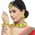 ZENEME Handmade Yellow & Light Green Floral Jewellery Set for Women & Girls | Handcrafted Flower with Pearls Necklace Set with Earrings, Maang Tikka & Pair of Hathphool Bangle | Mehendi, Haldi, Wedding & Bridal Jewallery`