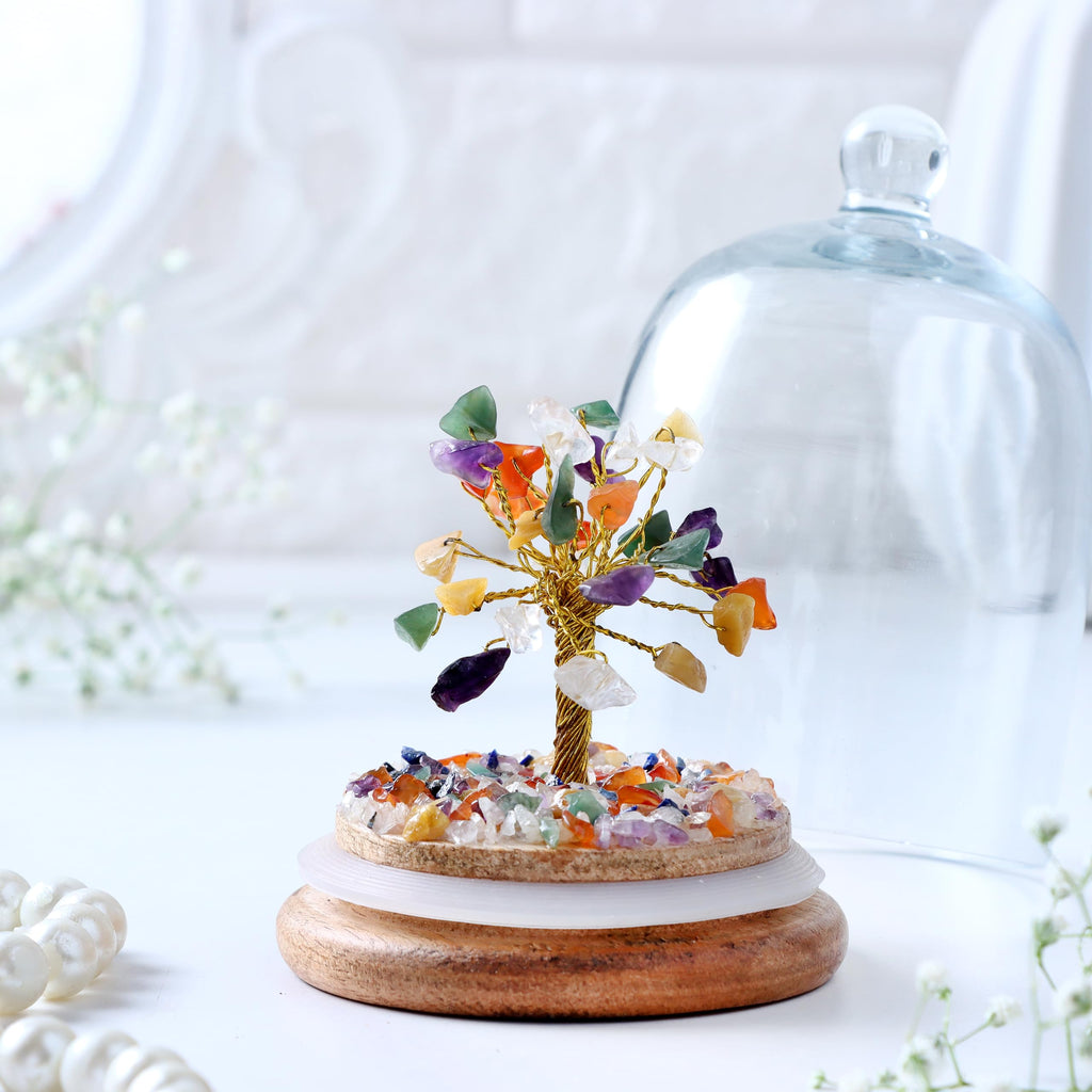 Luxe Art 7 Chakra Crystal Tree in Glass Dome, Handmade Gemstone Bonsai with Wooden Base, Small 15cm Decorative Tree for Home Office, Spiritual Healing Décor