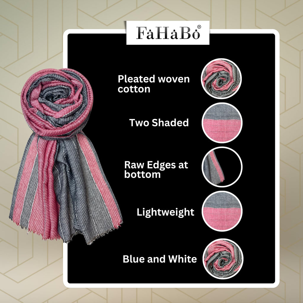 FAHABO Scarf for Women Stylish Pleated Cotton with Woven Border | Hijab Scarf | Stole | Soft, Lightweight, and Latest Scarves | 77 x 33 Inches (Red and Grey)