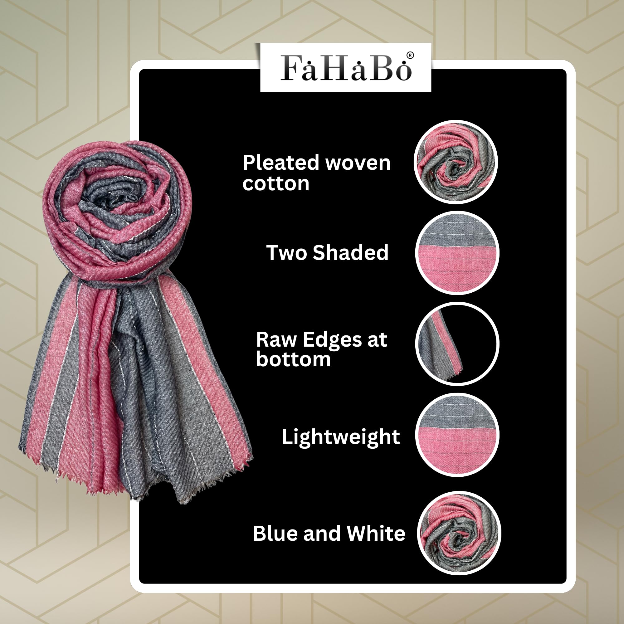 FAHABO Scarf for Women Stylish Pleated Cotton with Woven Border | Hijab Scarf | Stole | Soft, Lightweight, and Latest Scarves | 77 x 33 Inches (Red and Grey)