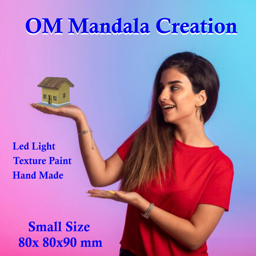 OM Mandala Creation Miniature Village Hut Model, Handcrafted Diorama with Thatched Roof, School Project Art and Craft Small Size 8cm X 8cm X 9cm