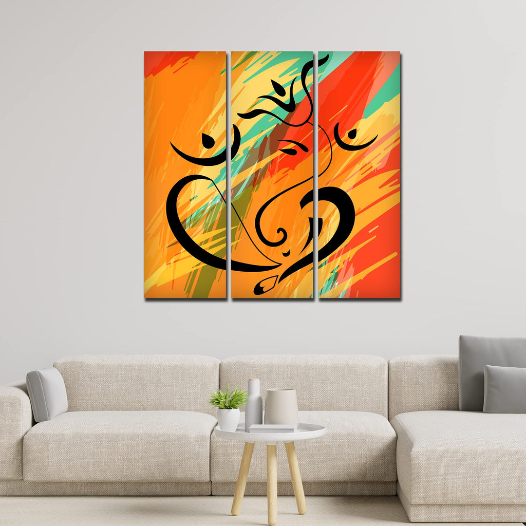 VIBECRAFTS Abstract Ganesh Ji Art 3 Pieces Canvas Wall Painting Fitted With Wooden Frame For Home | Office | Living Room | Gifts (PTVC3Pcs1_9553)