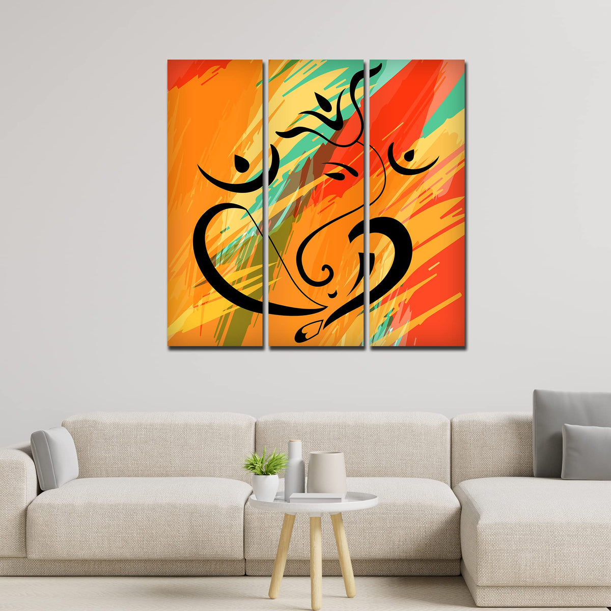 VIBECRAFTS Abstract Ganesh Ji Art 3 Pieces Canvas Wall Painting Fitted With Wooden Frame For Home | Office | Living Room | Gifts (PTVC3Pcs1_9553)