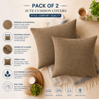 CASA-NEST Jute Cushion Cover 24x24 (Pack of 2) (Light Umber) JUTEREV24