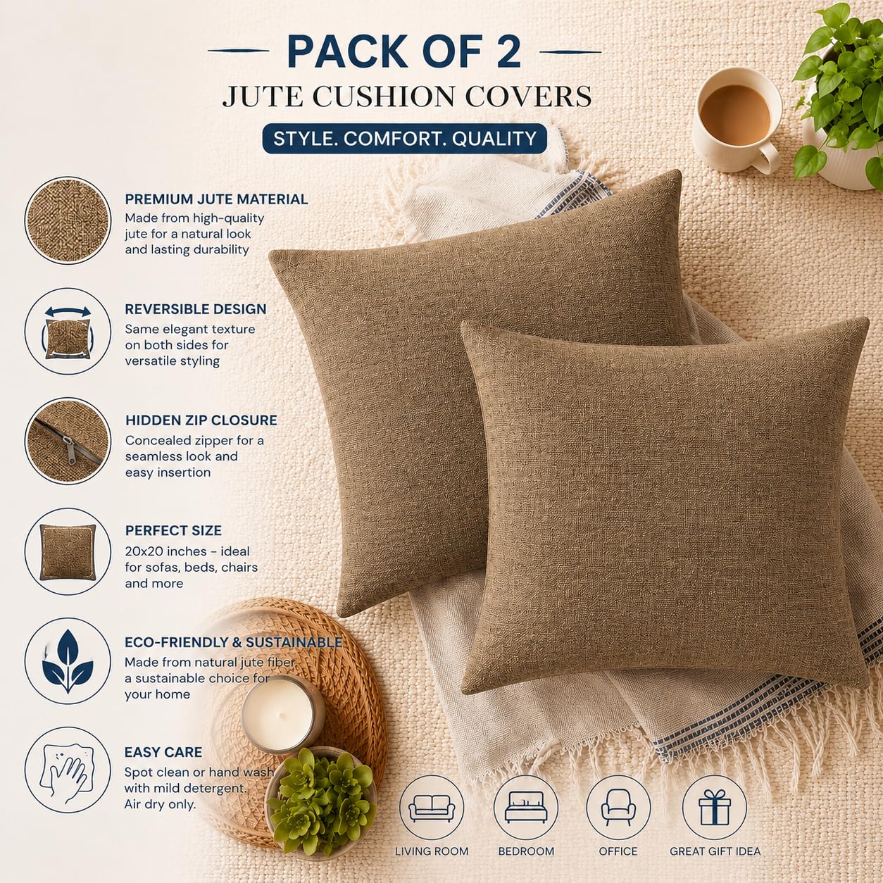 CASA-NEST Jute Cushion Cover 24x24 (Pack of 2) (Light Umber) JUTEREV24