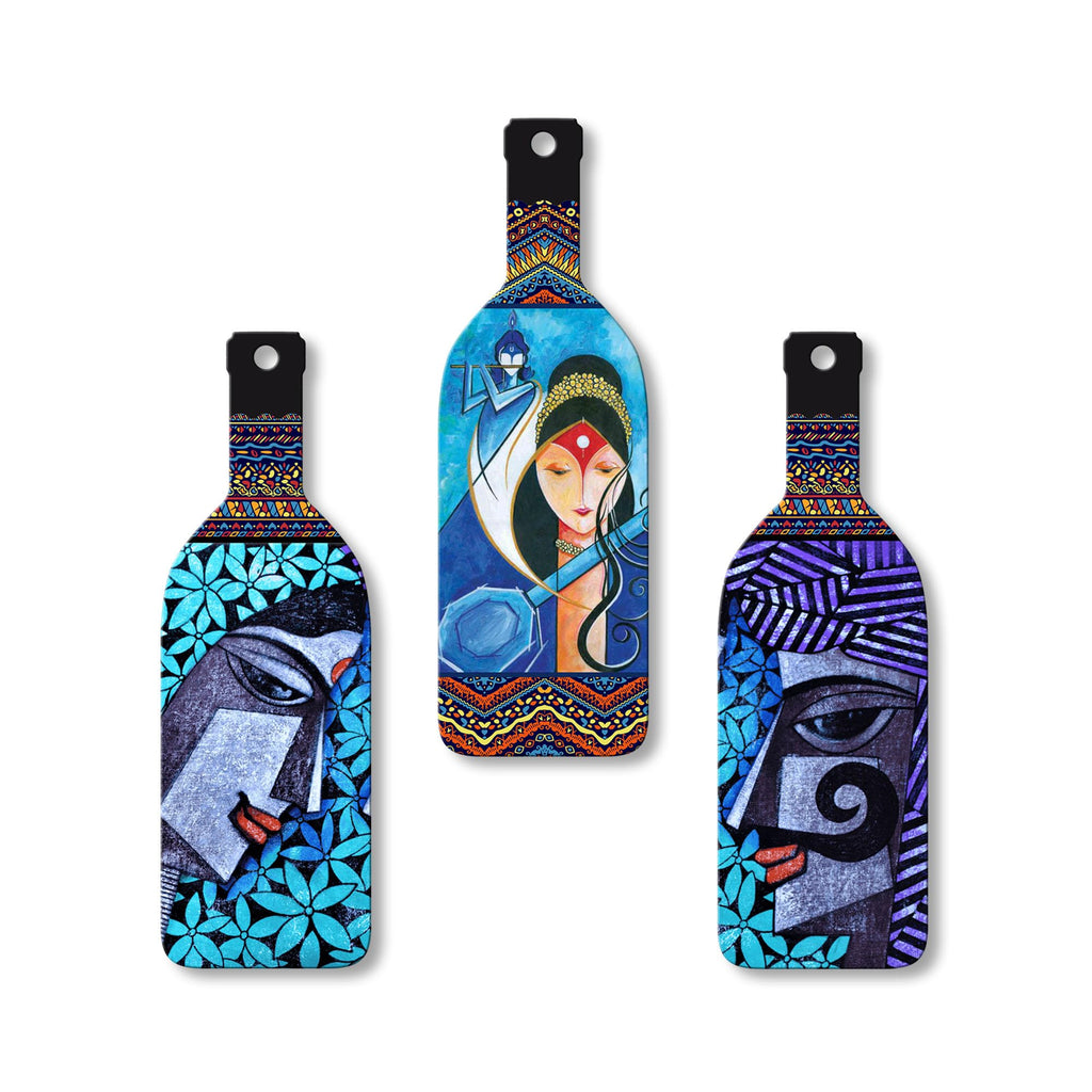 Artvibes Abstract Art Radha Krishna Decor Bottle Shaped Wooden Wall Hanging | Spiritual Decor Items | Wall Art Paintings | Wall Poster| Stylish Modern Artwork | Gift Items (WH_9504N), Set of 3