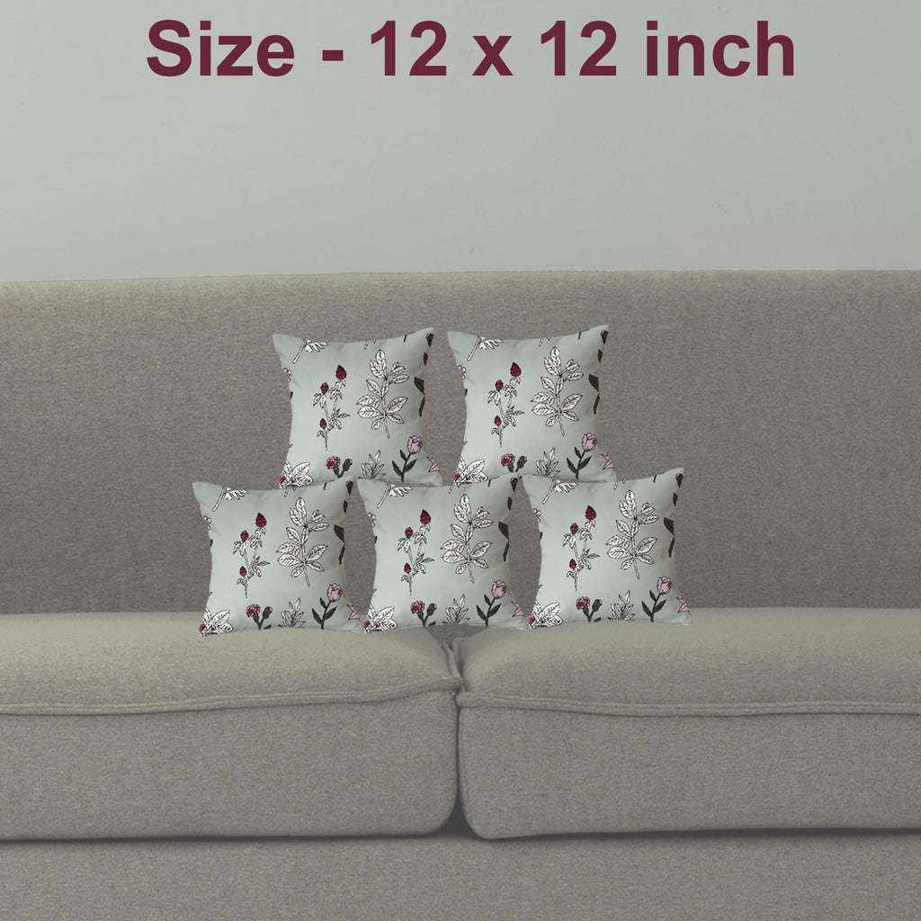 Trance Home Linen Set of 5 Premium Cotton 12x12 inch Cushion Covers for Sofa and Diwan | Throw Pillow/Small Cushion Pillow Covers – (12x12 inch | 30cmx30cm, Misty Green Carnations) – Set of 5