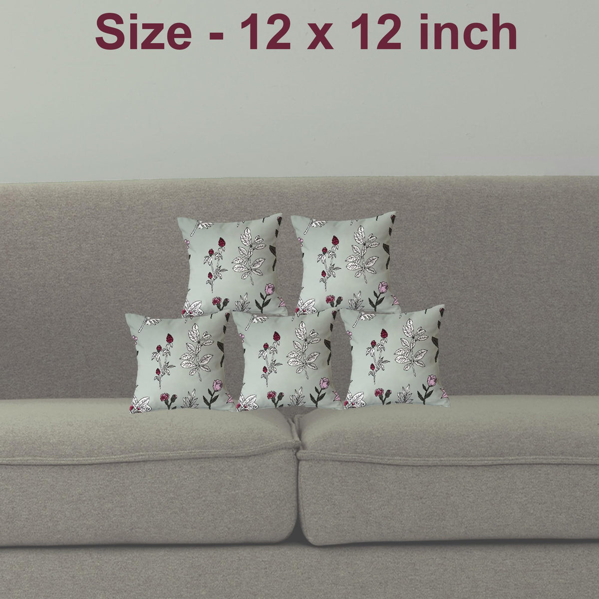 Trance Home Linen Set of 5 Premium Cotton 12x12 inch Cushion Covers for Sofa and Diwan | Throw Pillow/Small Cushion Pillow Covers – (12x12 inch | 30cmx30cm, Misty Green Carnations) – Set of 5