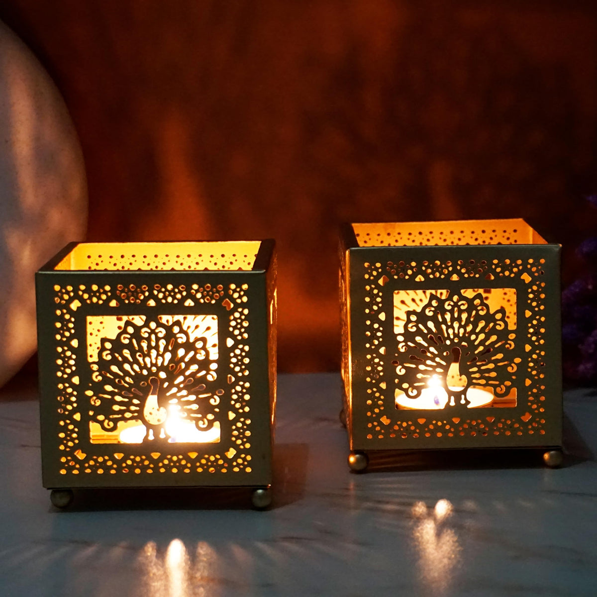 Purestory Peacock Set of 2 Iron Lantern and Candle Tealight Holder for Home Decor Items | Candles for Home Decoration | Candle Holders for Home Decor | (Pack of 2) (Gold)