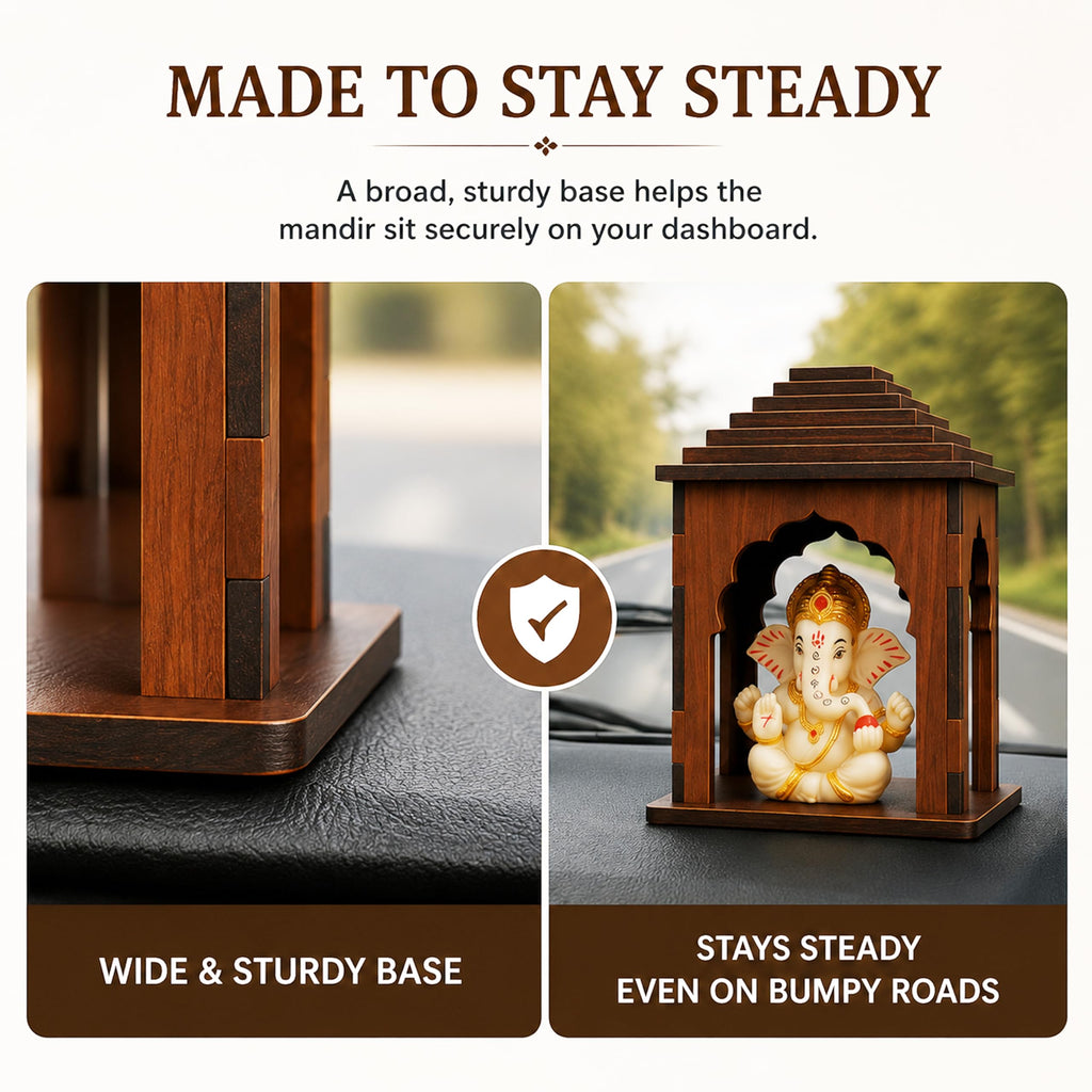 SWAGSTATION Wooden Car Dashboard Mandir with Ganpati Idol | Mini Temple for Car, Office Desk, Café & Home | Small Pooja Mandirs for Gifting & Tabletop Decoration (Mandir 2)