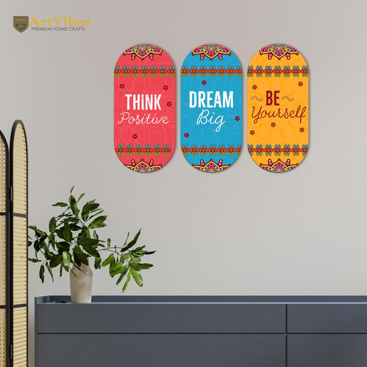 Artvibes Positive Quote Decorative Wall Hanging Ornaments | Quotes Decor Item | Wall Accent | Office Decor | Inspirational Quotes Wall Art | Mdf Wall Decoration | Gift Items (WH_9003N), Set of 3