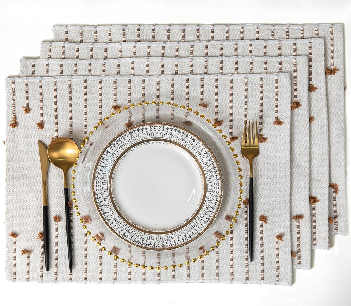 ALSTONIA Handmade Cotton Dining Table Placemats | Heat Resistant Dining Table Place Mats |Kitchen Tabletop|Kitchen Coffee Center Table (Brown & White, 4 pcs Placemats with Runner) Kafalo