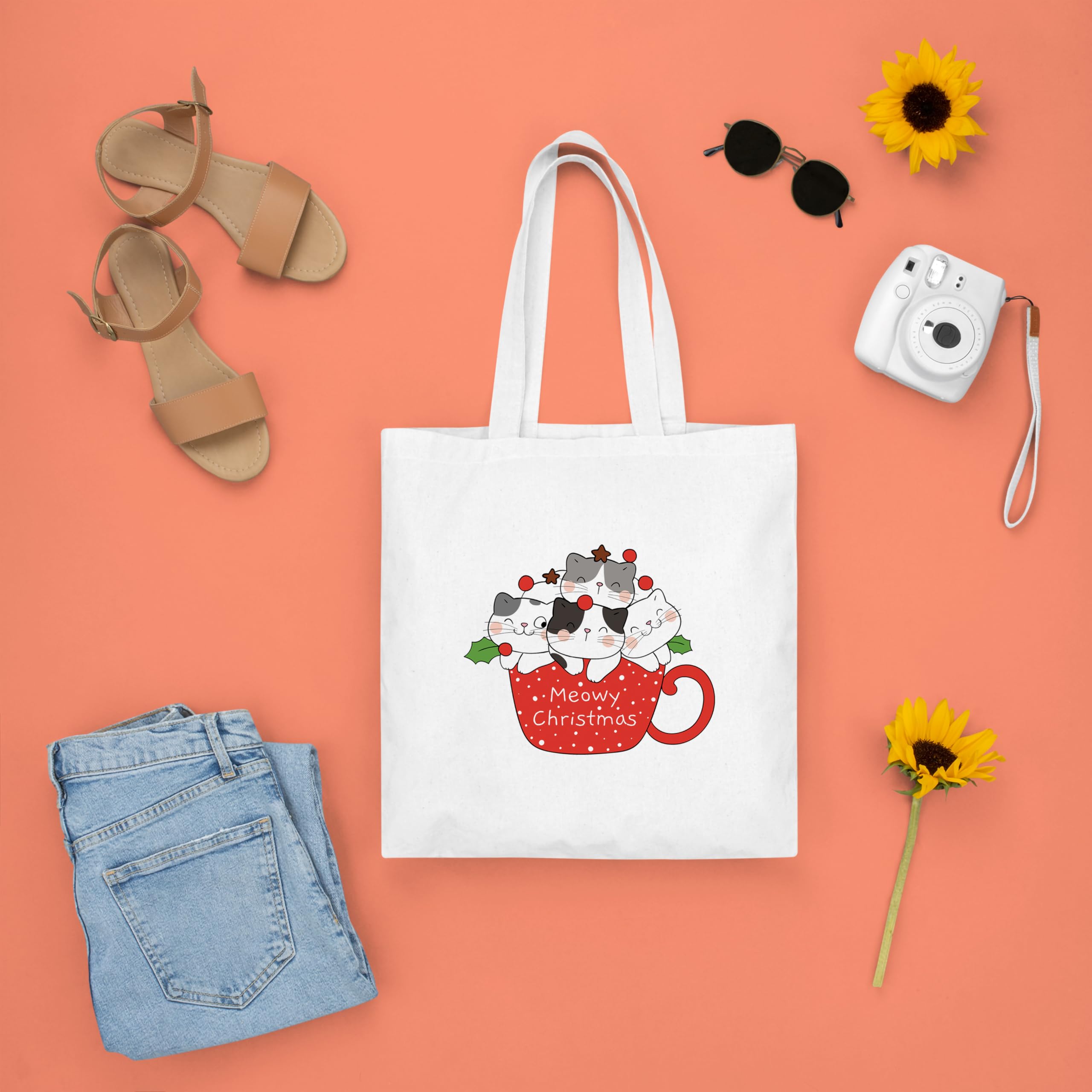 Happu-White Cotton Canvas Tote Bag with Zip | Happy Christmas Festive Print | Reusable, Washable & Eco-Friendly Multi-Purpose Tote for Women & Girls HPK-3442