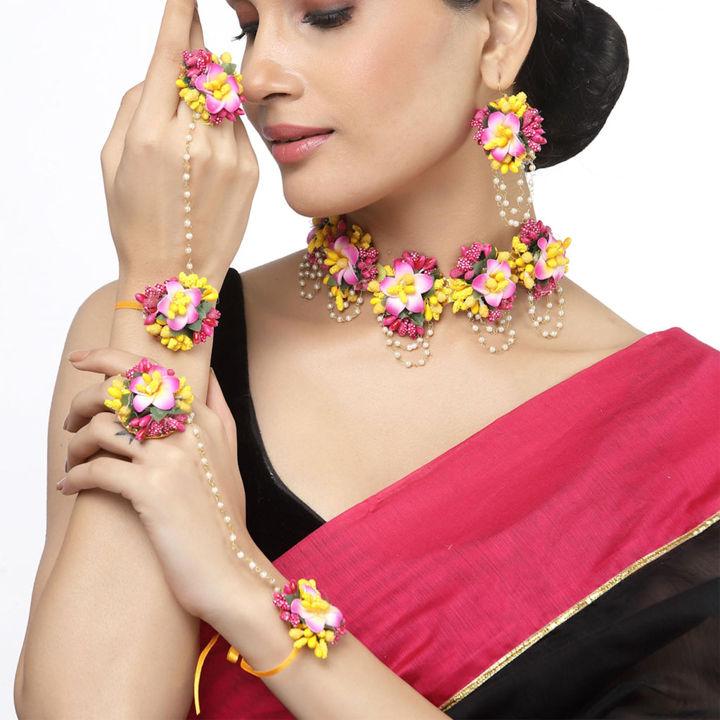 ZENEME Handmade Pink & Yellow Floral Jewellery Set for Women & Girls | Handcrafted Flower Necklace Set with Earrings, Maang Tikka & Pair of Hathphool | Mehendi, Haldi, Wedding & Bridal Jewallery
