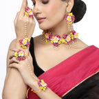 ZENEME Handmade Pink & Yellow Floral Jewellery Set for Women & Girls | Handcrafted Flower Necklace Set with Earrings, Maang Tikka & Pair of Hathphool | Mehendi, Haldi, Wedding & Bridal Jewallery