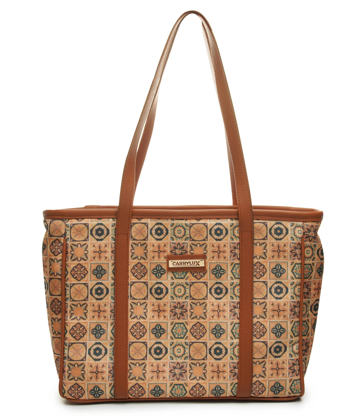 Carrylux Vintage Tile Print Jute Tote Bag for Women