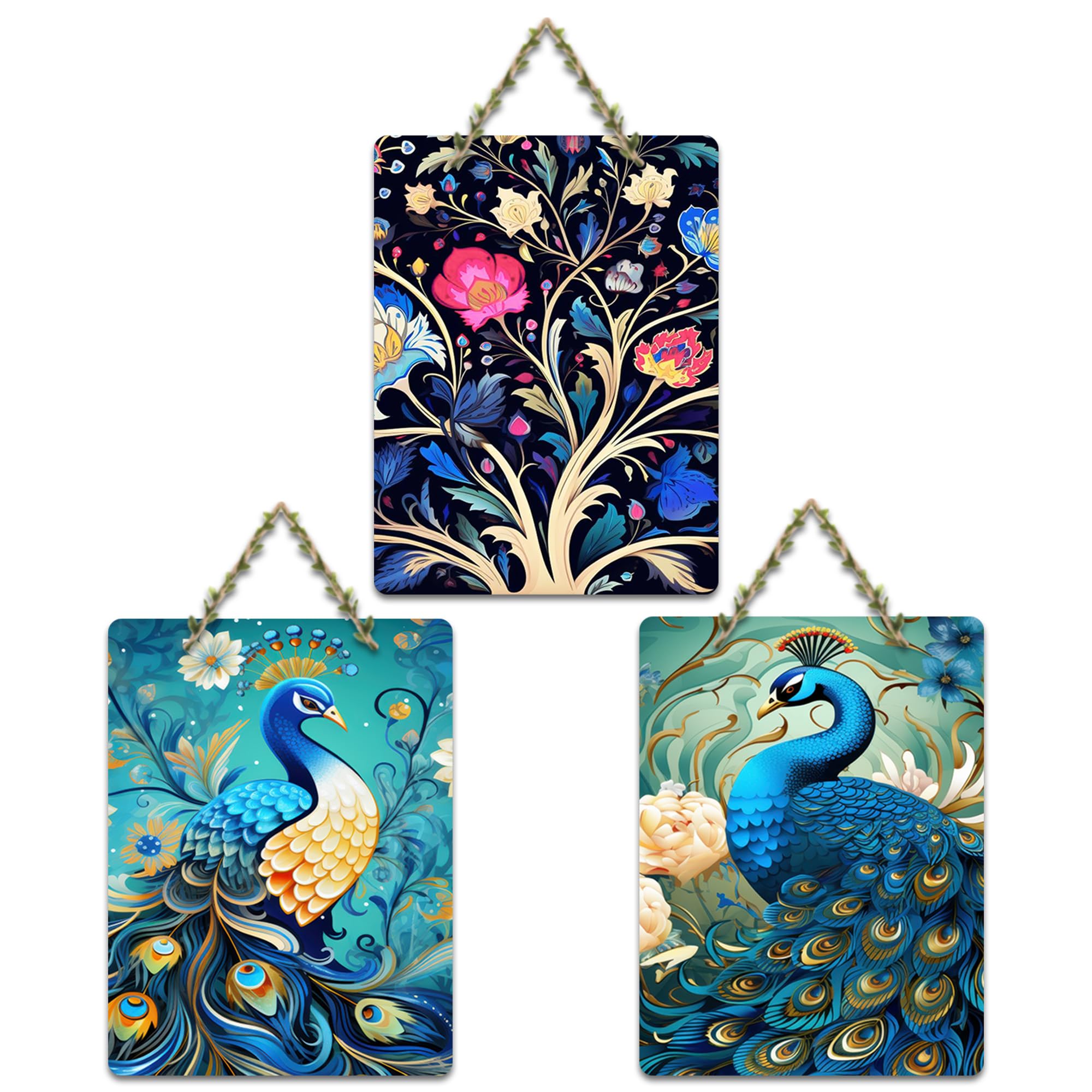 Artvibes Beautiful Peacock Wooden Art Decoration Item for Living Room | Festive Decor Art | Wall Art Painting For Hall | Graphic Artwork | Wall Art Print | Unique Gift Items (WH_96164N), Set of 3