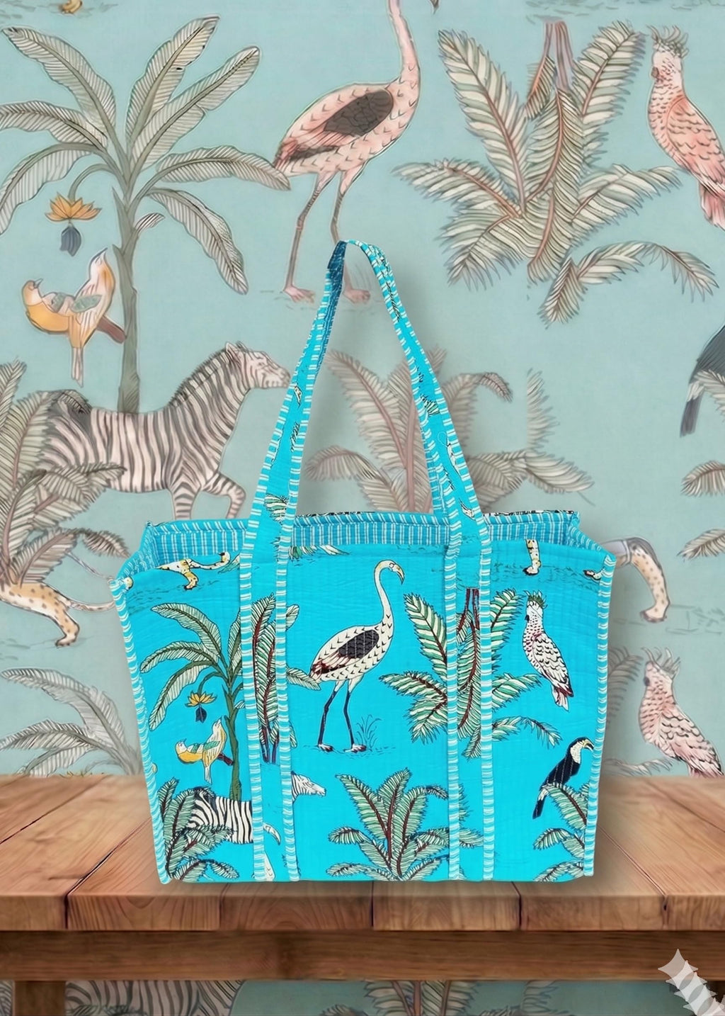 Rastogi Handicrafts Quilted Cotton Women Beautiful Printed Grocery Shopping Bag, Shoulder Bag, Tote Bag, Travel Bags, Turquoise, 18X6X15 Inch