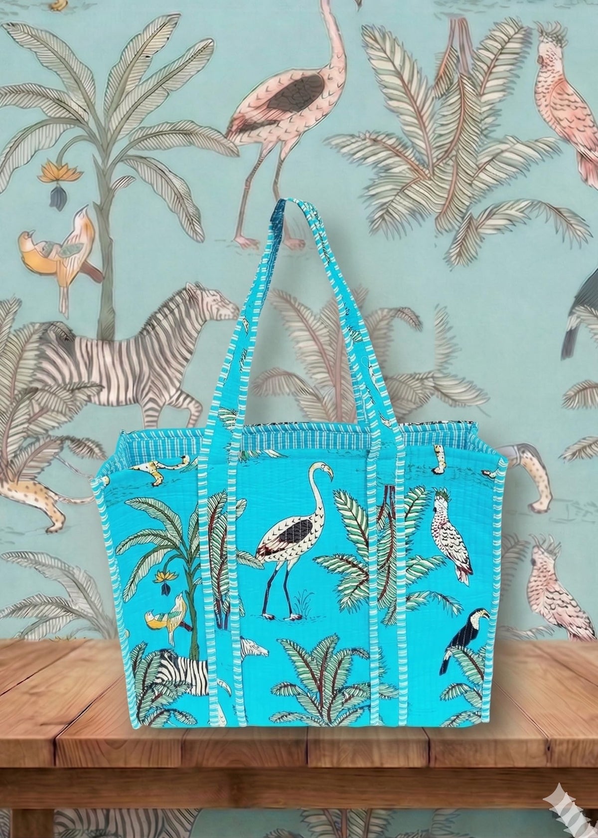 Rastogi Handicrafts Quilted Cotton Women Beautiful Printed Grocery Shopping Bag, Shoulder Bag, Tote Bag, Travel Bags, Turquoise, 18X6X15 Inch