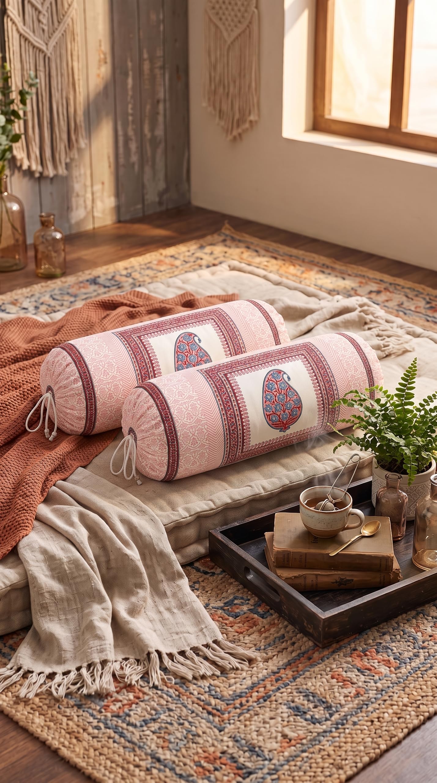 BLOCKS OF INDIA Cotton Hand Block Printed Bolster Cover | Booster Cover with Drawstring | Round Long Pillow Cover for Bed | Dewan Pillow Cover Set 16 X 32 | Set of 2 (Color 43)