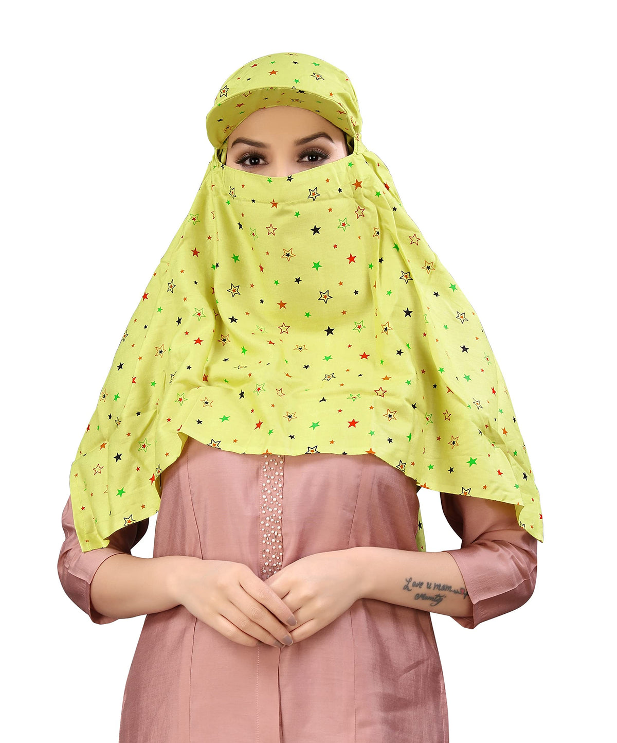 TESY QWEN Women's Scarf Cum Mask with Cap, Rayon Multi-Functional Neck Gaiter with UV Protection for Biking, Hiking and Travel (Mehndi)