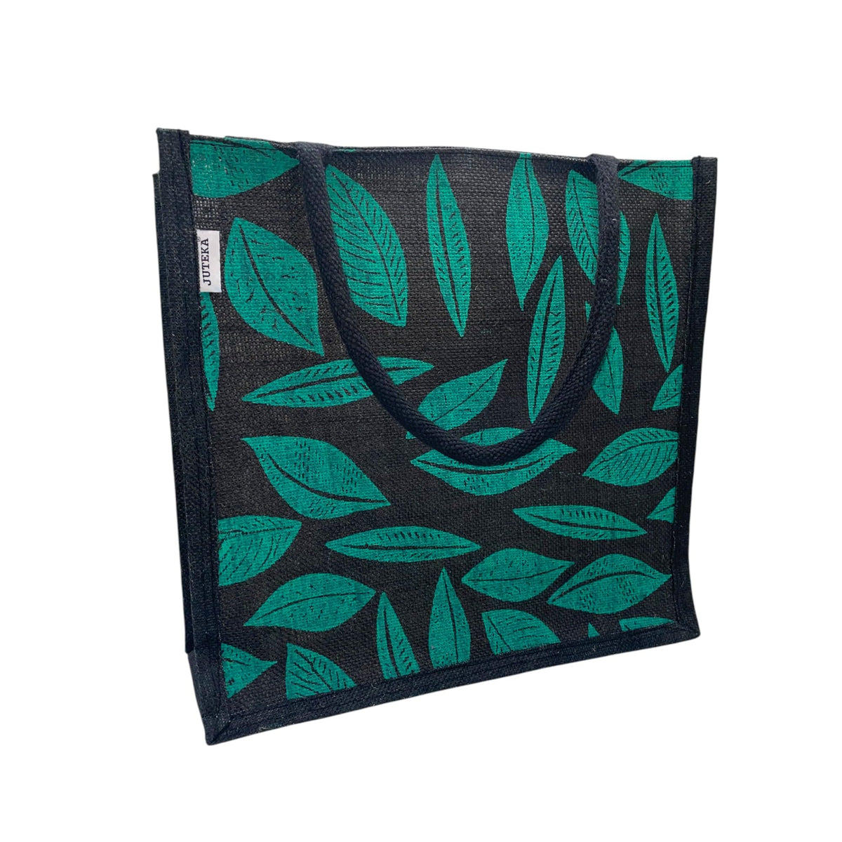 JUTEKA Printed Lunch, Office, Grocery, Picnic, Tote, Tiffin, Shopping, Jute Bag with Padded Cotton Handles (Black and Green)