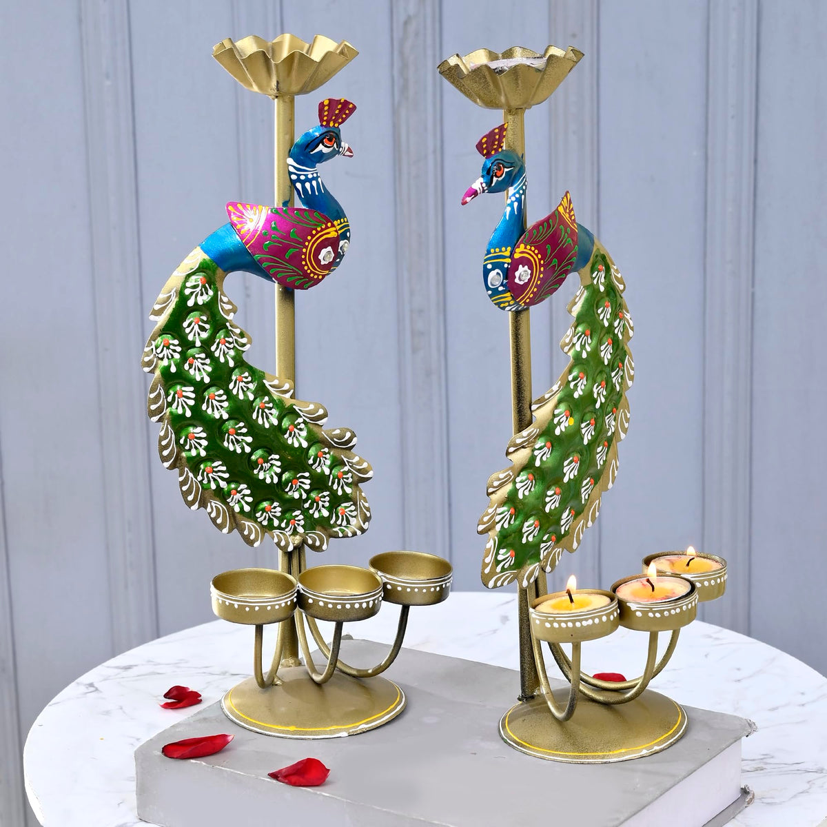 CraftVatika Elegant Metal Peacock Candle Holder -for Home Decoration Diwali, Intricate Design Tealight Candle Holders for Home Diwali Decor, Handpainted Tealight Candle Holder (Double Side)